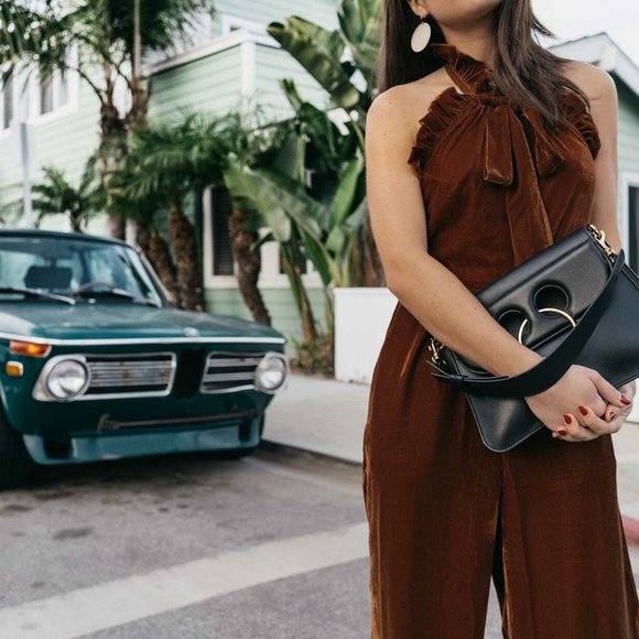 Kristinit Anthropologie Velvet Ruffle Halter Jumpsuit Copper Large H13128 - Picture 12 of 12